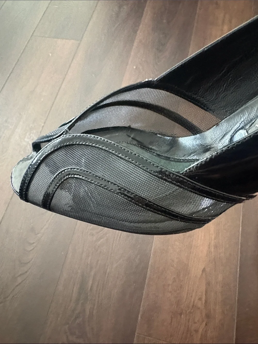 Prevata Black Patent & Fabric Peep-Toe Pumps